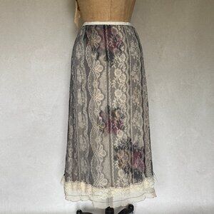 Vintage Layered Silk Chiffon and Lace Printed Skirt